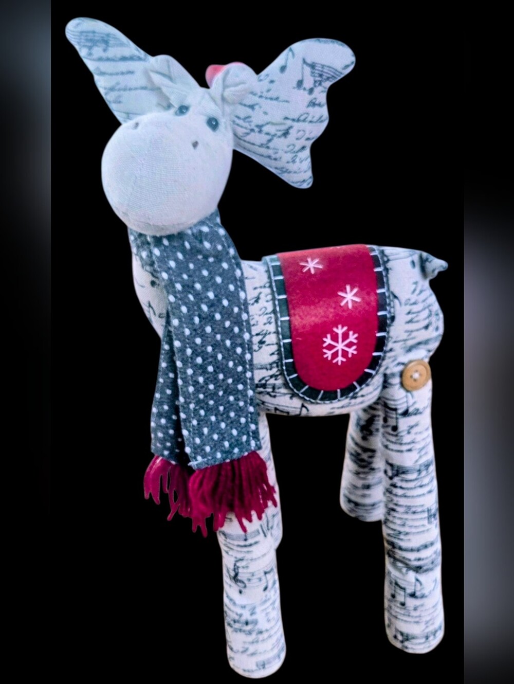 Music themed fabric long legged Holiday Reindeer with Red Saddle and Gray Scarf